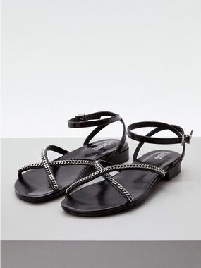 Zadig & Voltaire Black Leather Strappy Sandals with Silver Chain Trim sz EU38